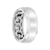 14k White Gold Wedding Band Chain Link Pattern Coin Edge Inner Design Flat Brushed Finish Milgrain Detail Beveled Edges by Artcarved - 8 mm - Larson Jewelers