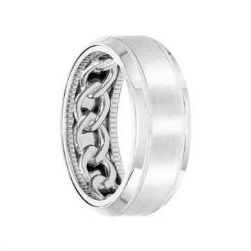 14k White Gold Wedding Band Chain Link Pattern Coin Edge Inner Design Flat Brushed Finish Milgrain Detail Beveled Edges by Artcarved - 8 mm - Larson Jewelers