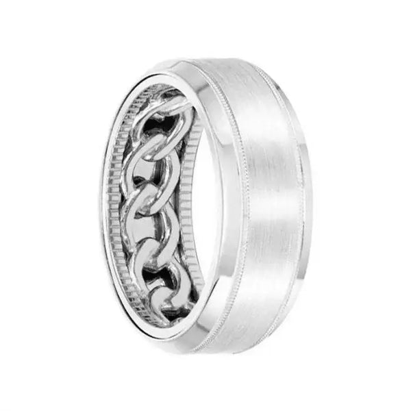 14k White Gold Wedding Band Chain Link Pattern Coin Edge Inner Design Flat Brushed Finish Milgrain Detail Beveled Edges by Artcarved - 8 mm - Larson Jewelers