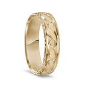 14K Yellow Gold Satin Finished Ring with Polished Grooved Pattern & Beveled Edges - 6mm - Larson Jewelers