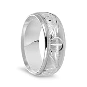 14k White Gold Satin Finished Men’s Milgrain Wedding Ring with Polished Cross Pattern Grooves - 8mm - Larson Jewelers
