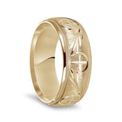 14k Yellow Gold Satin Finished Men’s Milgrain Wedding Ring with Polished Cross Pattern Grooves - 8mm - Larson Jewelers
