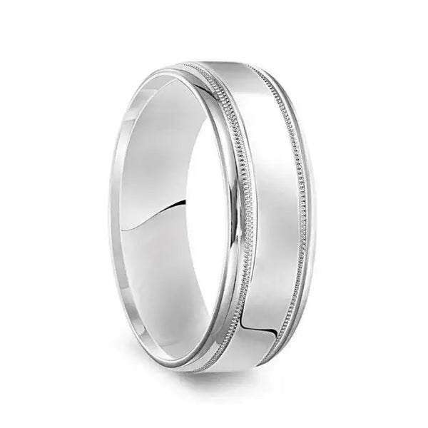 14k White Gold Men’s Polished Wedding Band with Milgrain Accents - 7mm - Larson Jewelers