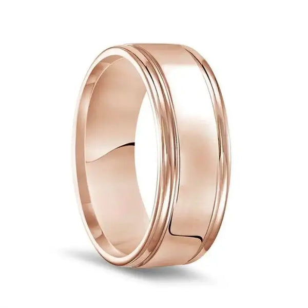 14k Rose Gold Polished Finish Rolled Edges Men’s Wedding Band - 8mm - Larson Jewelers