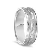 14k White Gold Brushed Finish Textured Center Wedding Ring with Milgrain & Polished Edges - 7mm - Larson Jewelers
