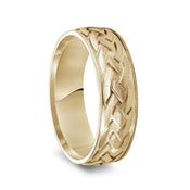 14k Yellow Gold Satin Brush Finished Men’s Wedding Band with Engraved Celtic Knot Motif - 7mm - Larson Jewelers