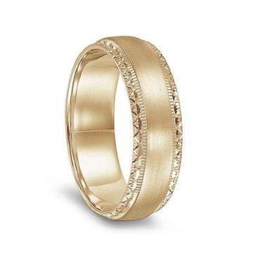 14k Yellow Gold Brushed Finish Men’s Milgrain Ring with Cut Pattern Beveled Edges - 6.5mm - Larson Jewelers