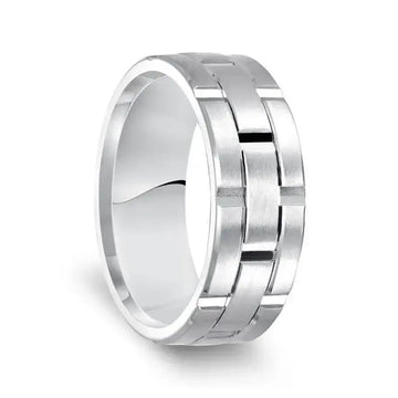 14k White Gold Satin Finished Men’s Wedding Ring with Vertical Grooves - 8mm - Larson Jewelers