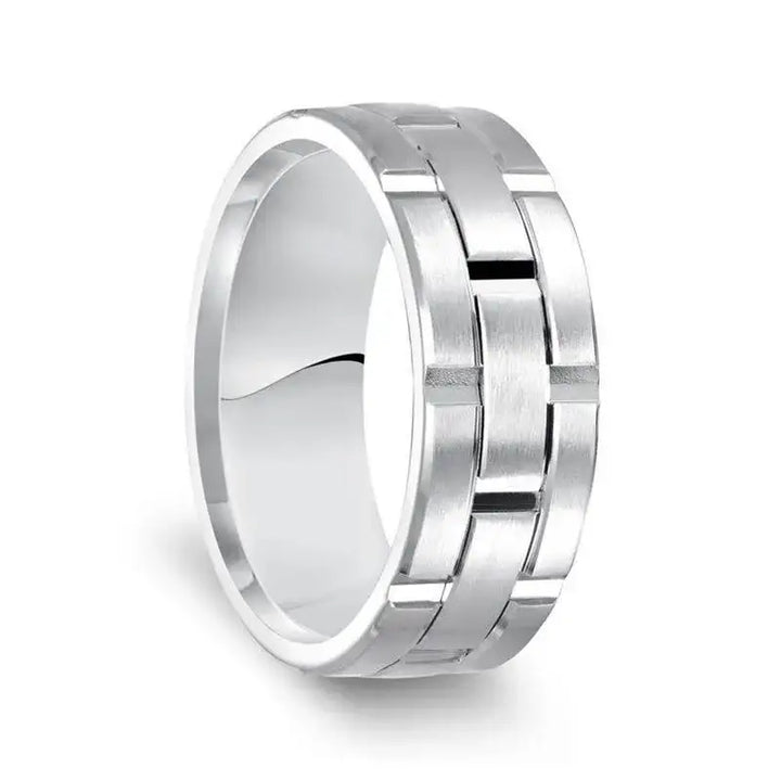 14k White Gold Satin Finished Men’s Wedding Ring with Vertical Grooves - 8mm - Larson Jewelers