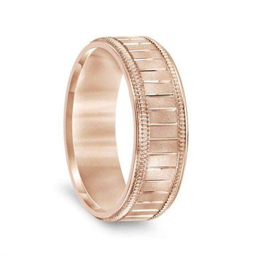 14k Rose Gold Men’s Milgrain Wedding Band with Polished Horizontal Grooves - 7mm - Larson Jewelers