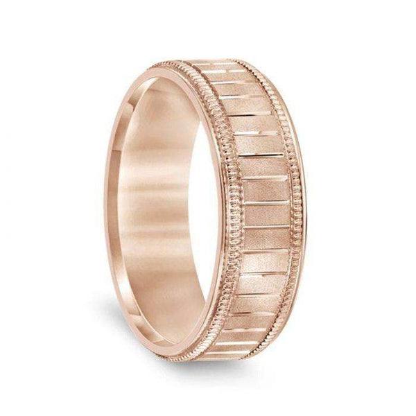 14k Rose Gold Men’s Milgrain Wedding Band with Polished Horizontal Grooves - 7mm - Larson Jewelers