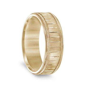 14k Yellow Gold Men’s Milgrain Wedding Band with Polished Horizontal Grooves - 7mm - Larson Jewelers