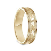 14k Yellow Gold Brushed Hammered Finish Milgrain Ring with Polished Edges - 6mm - Larson Jewelers
