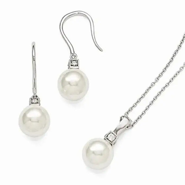 Sterling Silver Majestik White Shell Bead & CZ Earring & Necklace Set - Larson Jewelers