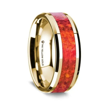 14K Yellow Gold Polished Beveled Edges Wedding Ring with Red Opal Inlay - 8 mm - Larson Jewelers