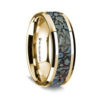 14K Yellow Gold Polished Beveled Edges Wedding Ring with Blue Dinosaur Bone Inlay - 8 mm - Larson Jewelers