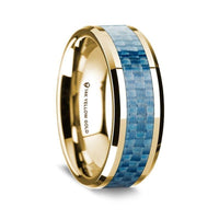 14K Yellow Gold Polished Beveled Edges Wedding Ring with Blue Carbon Fiber Inlay - 8mm - Larson Jewelers