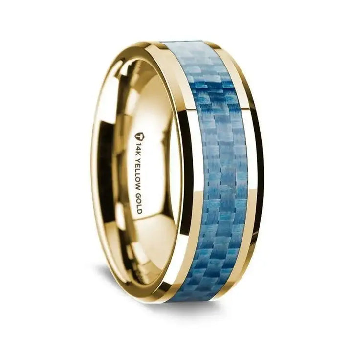 14K Yellow Gold Polished Beveled Edges Wedding Ring with Blue Carbon Fiber Inlay - 8mm - Larson Jewelers