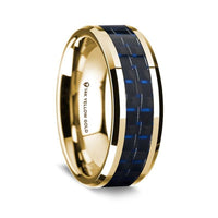 14K Yellow Gold Polished Beveled Edges Wedding Ring with Black and Dark Blue Carbon Fiber Inlay - 8 mm - Larson Jewelers