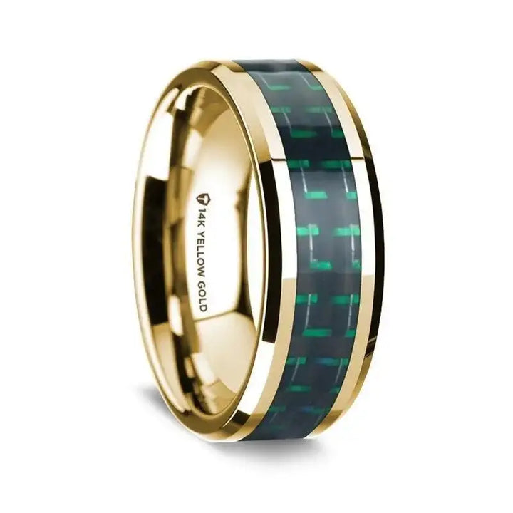 14K Yellow Gold Polished Beveled Edges Wedding Ring with Black and Green Carbon Fiber Inlay - 8 mm - Larson Jewelers