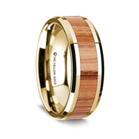 14K Yellow Gold Polished Beveled Edges Wedding Ring with Red Oak Wood Inlay - 8 mm - Larson Jewelers