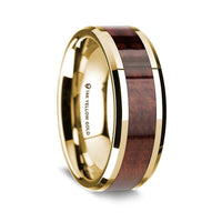 14K Yellow Gold Polished Beveled Edges Wedding Ring with Redwood Inlay - 8 mm - Larson Jewelers