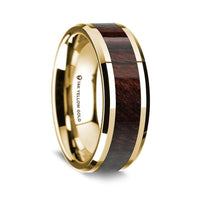 14K Yellow Gold Polished Beveled Edges Wedding Ring with Bubinga Wood Inlay - 8 mm - Larson Jewelers