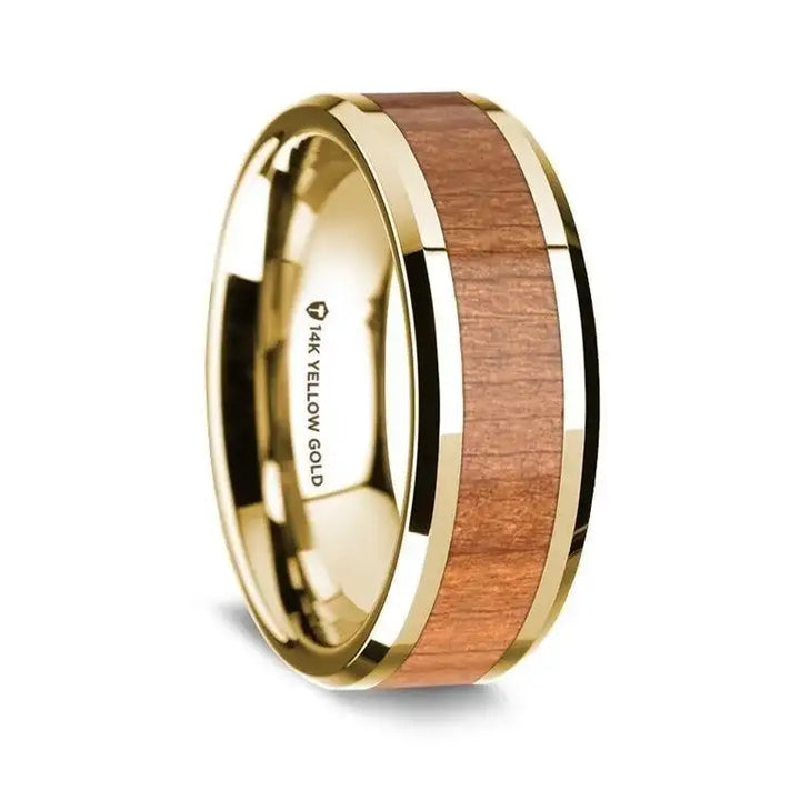 14K Yellow Gold Polished Beveled Edges Wedding Ring with Sapele Wood Inlay - 8 mm - Larson Jewelers
