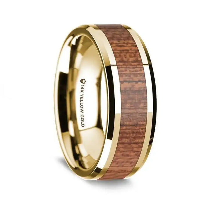 14K Yellow Gold Polished Beveled Edges Men's Wedding Band with Cherry Wood Inlay - 8 mm - Larson Jewelers