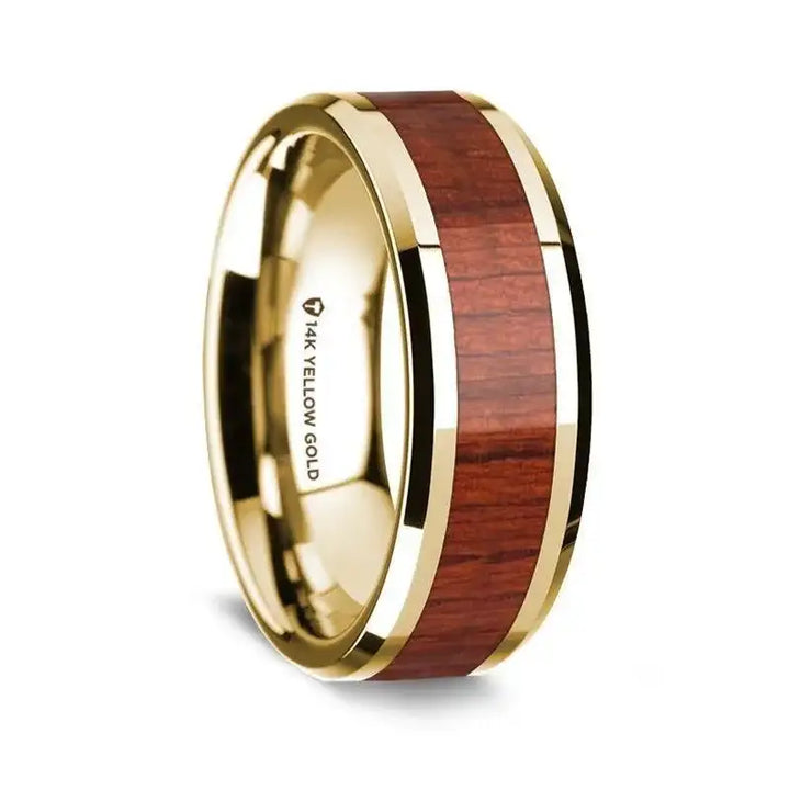 14K Yellow Gold Polished Beveled Edges Men's Wedding Band with Padauk Wood Inlay - 8 mm - Larson Jewelers