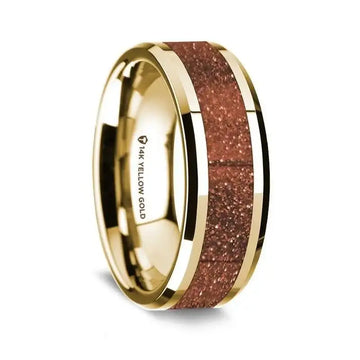 14K Yellow Gold Polished Beveled Edges Wedding Ring with Orange Goldstone Inlay - 8 mm - Larson Jewelers
