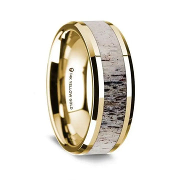 14K Yellow Gold Polished Beveled Edges Wedding Ring with Ombre Deer Antler Inlay - 8 mm - Larson Jewelers