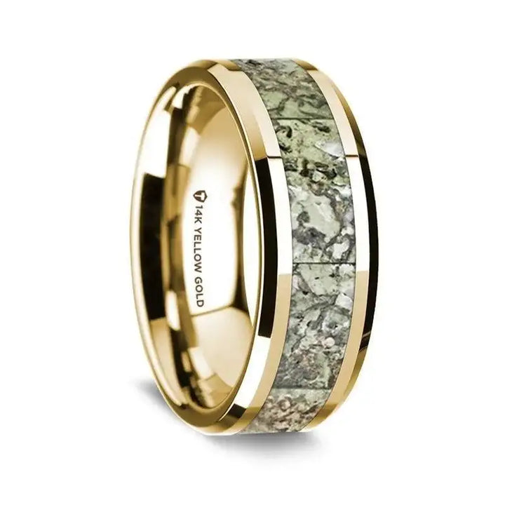 14K Yellow Gold Polished Beveled Edges Wedding Ring with Green Dinosaur Bone Inlay - 8 mm - Larson Jewelers