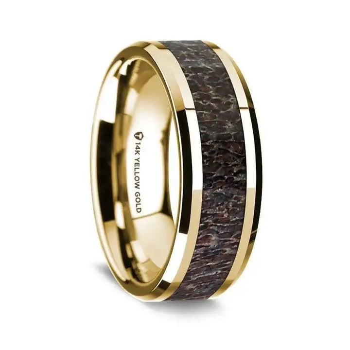 14K Yellow Gold Polished Beveled Edges Wedding Ring with Dark Deer Antler Inlay - 8 mm - Larson Jewelers