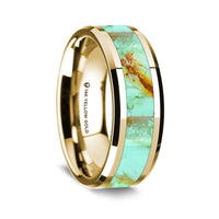 14K Yellow Gold Polished Beveled Edges Wedding Ring with Turquoise Inlay - 8 mm - Larson Jewelers