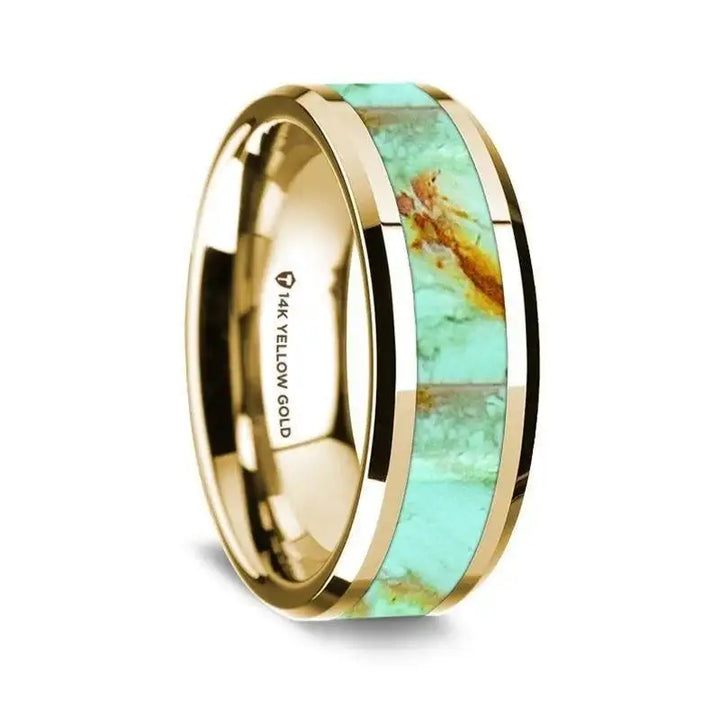 14K Yellow Gold Polished Beveled Edges Wedding Ring with Turquoise Inlay - 8 mm - Larson Jewelers