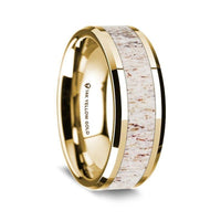 14K Yellow Gold Polished Beveled Edges Wedding Ring with White Deer Antler Inlay - 8 mm - Larson Jewelers
