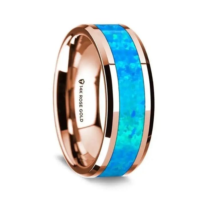 14K Rose Gold Polished Beveled Edges Wedding Ring with Blue Opal Inlay - 8 mm - Larson Jewelers