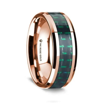 14k Rose Gold Polished Beveled Edges Wedding Ring with Black and Green Carbon Fiber Inlay - 8 mm - Larson Jewelers