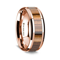 14k Rose Gold Polished Beveled Edges Wedding Ring with Zebra Wood Inlay - 8 mm - Larson Jewelers