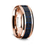 14K Rose Gold Polished Beveled Edges Wedding Ring with Black and Dark Blue Carbon Fiber Inlay - 8 mm - Larson Jewelers