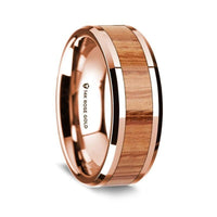 14k Rose Gold Polished Beveled Edges Wedding Ring with Red Oak Wood Inlay - 8 mm - Larson Jewelers