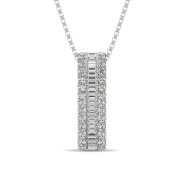14K White Gold Round and Baguette Diamond 1/3 Ct.Tw. Drop Bar Pendant - Larson Jewelers