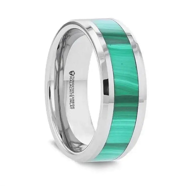 MAHI Malachite Inlay Tungsten Carbide Ring with Polished Beveled Edges - 8mm - Larson Jewelers