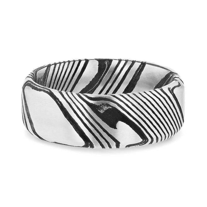 STARK Black Domed Brushed Damascus Steel Men’s Wedding Band with Vivid Etched Design- 6mm & 8mm - Larson Jewelers