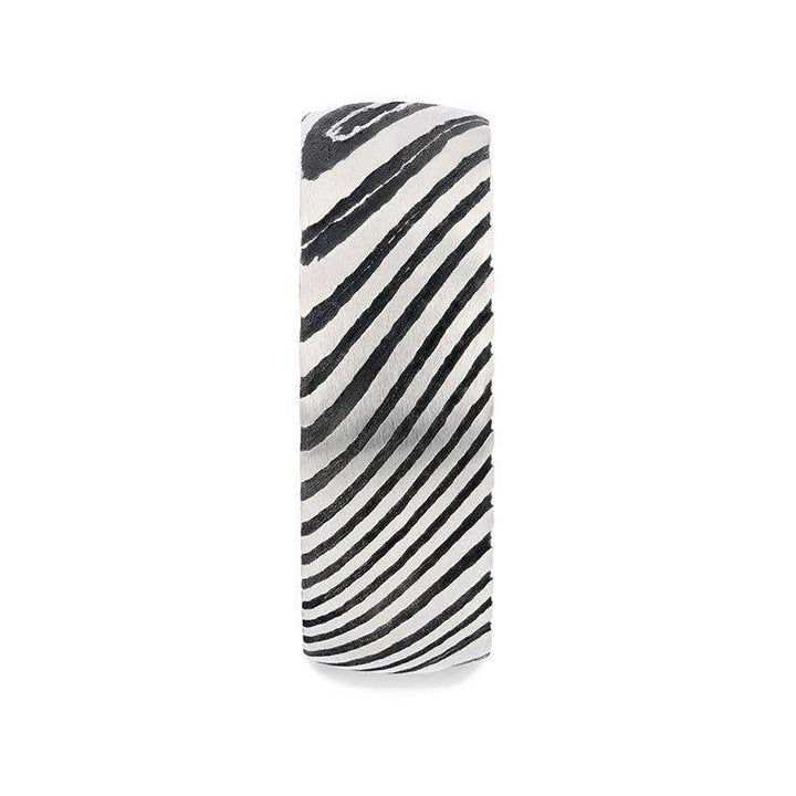 STARK Black Domed Brushed Damascus Steel Men’s Wedding Band with Vivid Etched Design- 6mm & 8mm - Larson Jewelers