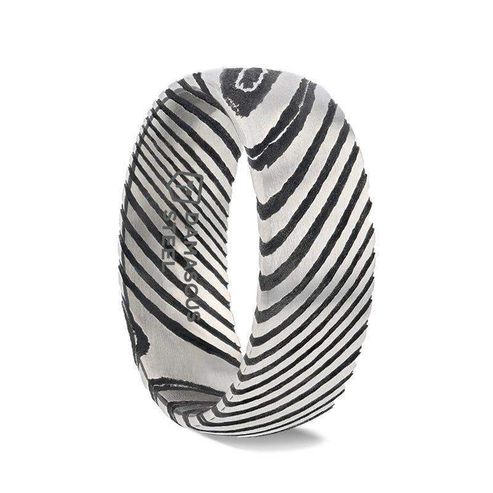 STARK Black Domed Brushed Damascus Steel Men’s Wedding Band with Vivid Etched Design- 6mm & 8mm - Larson Jewelers