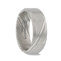 GHOST Grey Damascus Steel Brushed Beveled Men’s Wedding Band with Repeating Artisan Pattern - 6mm & 8mm - Larson Jewelers