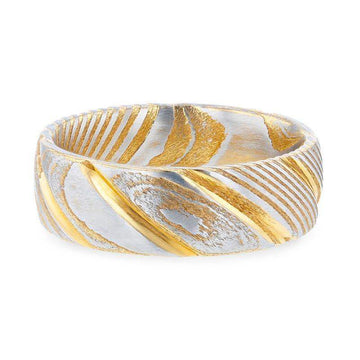 CERSEI Gold Color Domed Brushed Damascus Steel Men’s Wedding Band with Vivid Etched Design - 6mm & 8mm - Larson Jewelers