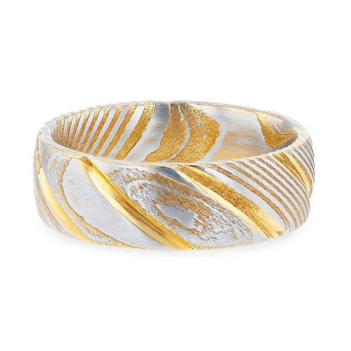 CERSEI Gold Color Domed Brushed Damascus Steel Men’s Wedding Band with Vivid Etched Design - 6mm & 8mm - Larson Jewelers